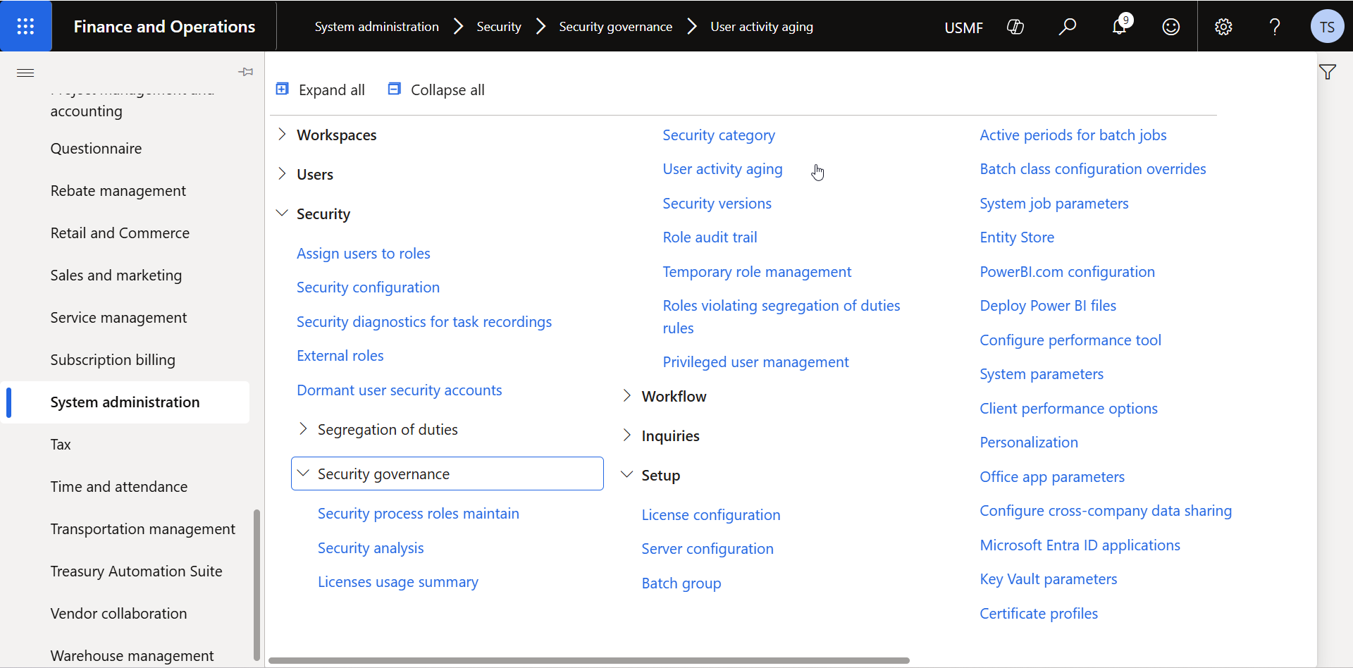 D365 Finance and Operations System administration menu showing the path to Security governance and User activity aging under the Security section.