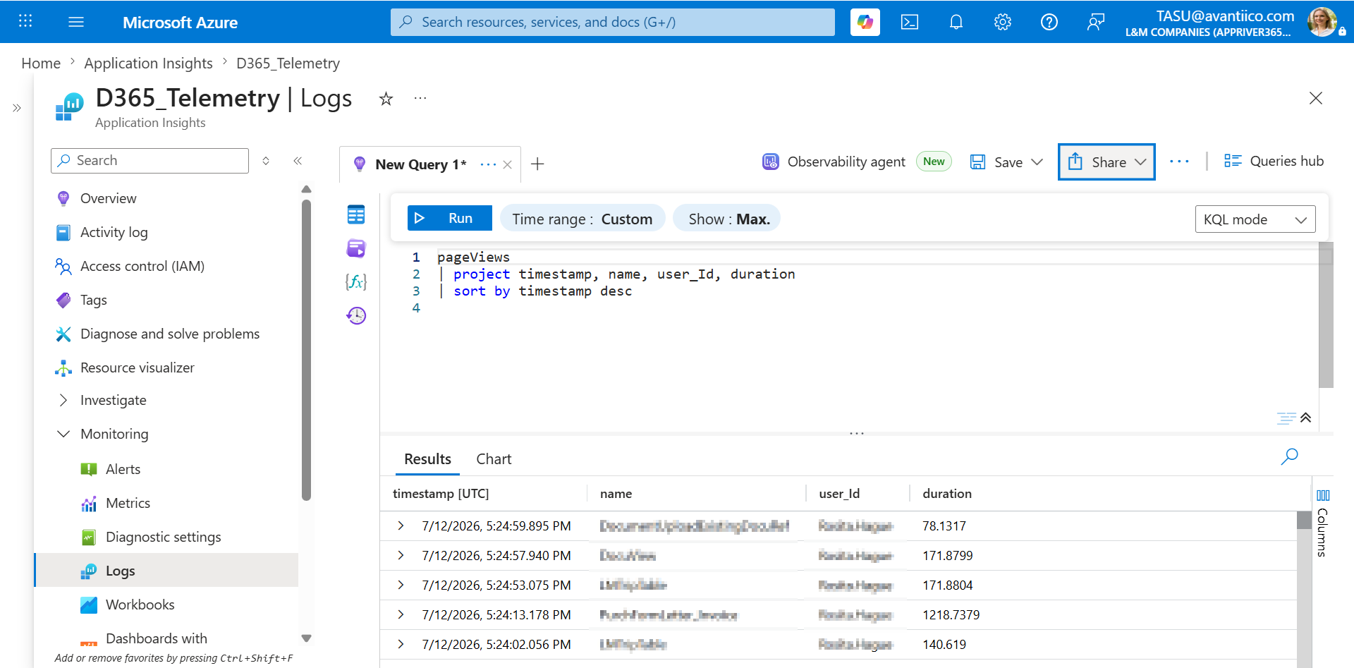 Application Insights Logs query editor showing the pageViews KQL query with timestamp, name, user_Id, and duration columns, used to cross-reference the User activity aging report.