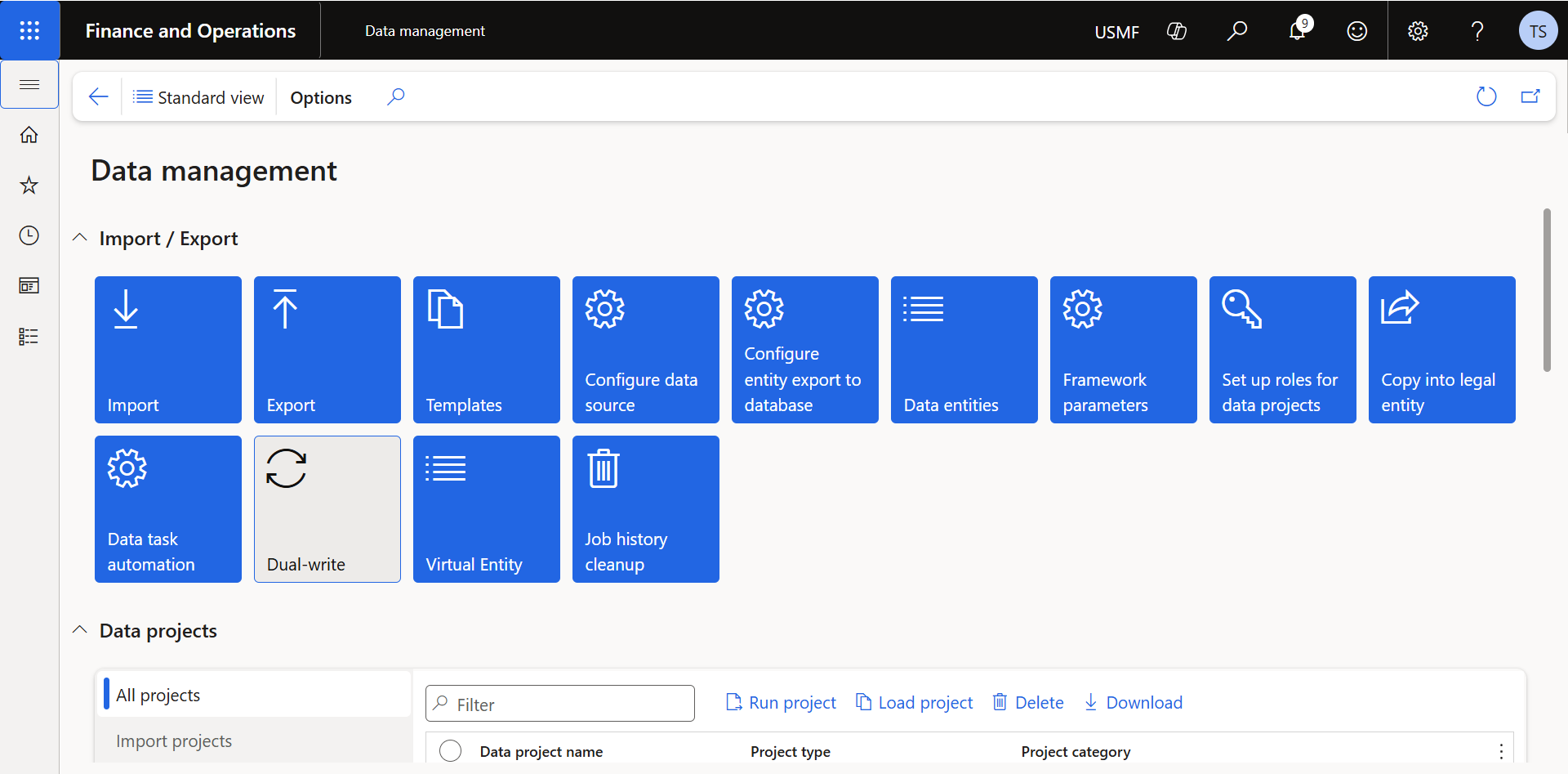 D365 Finance and Operations Data management workspace showing Virtual Entity and Dual-write tiles side by side under Import/Export.