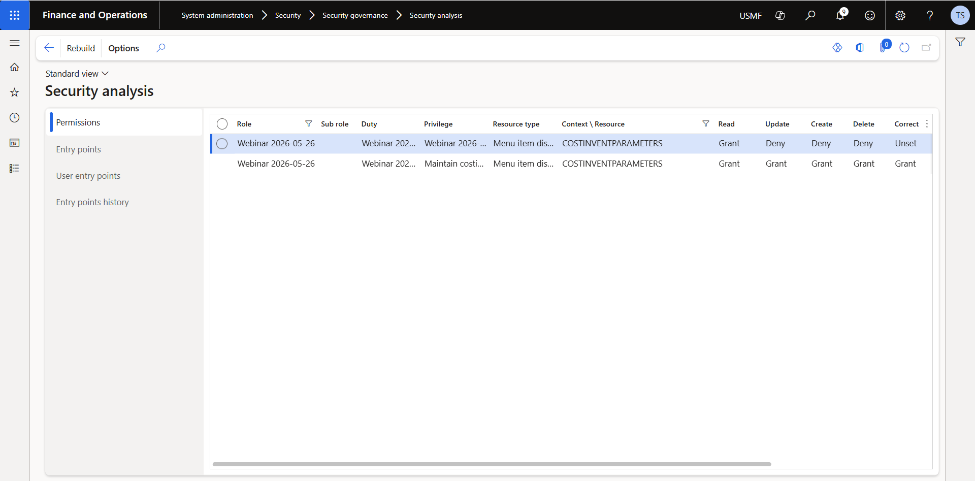 Security analysis report filtered to the COSTINVENTPARAMETERS menu item, showing two privileges: one with Update, Create, and Delete set to Deny, the other with all permissions set to Grant.