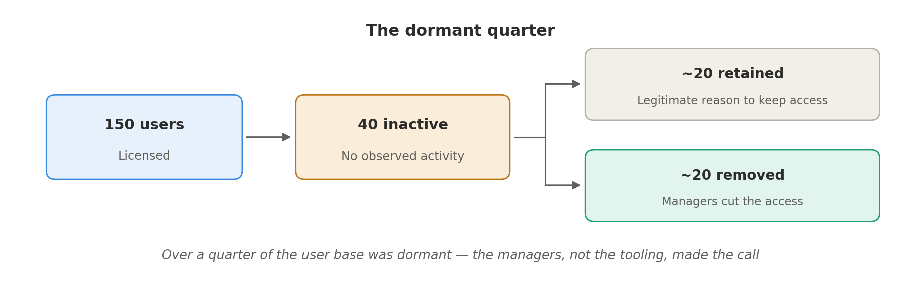 Flow diagram: 150 licensed users narrows to 40 inactive users with no observed activity, then splits into about 20 retained for a legitimate reason and about 20 removed by manager decision.