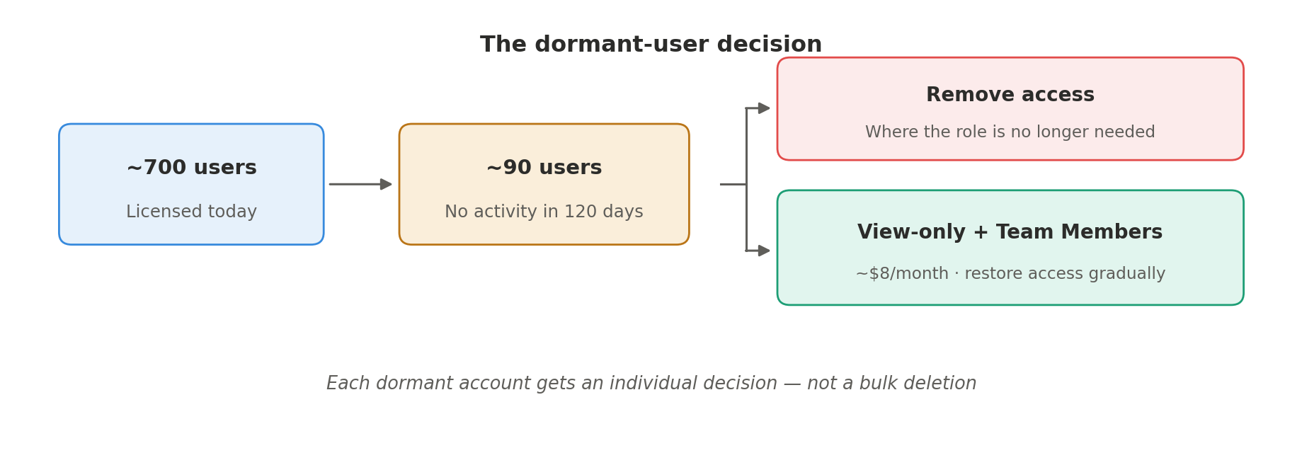 Decision flow: 700 licensed users narrows to 90 with no activity in 120 days, then splits into two paths, remove access, or view-only role plus Team Members license.