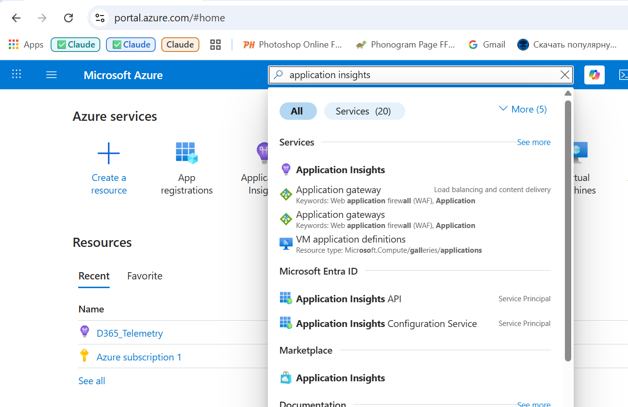Azure portal search results for 'application insights', showing the Application Insights service and an existing D365_Telemetry resource under Recent.