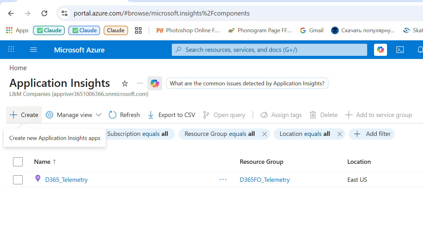 Application Insights resource browse view listing an existing D365_Telemetry resource in the D365FO_Telemetry resource group, East US region.