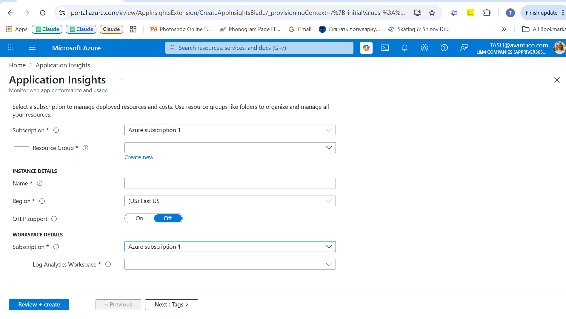 Create Application Insights form with fields for subscription, resource group, instance name, region, OTLP support toggle, and Log Analytics Workspace.