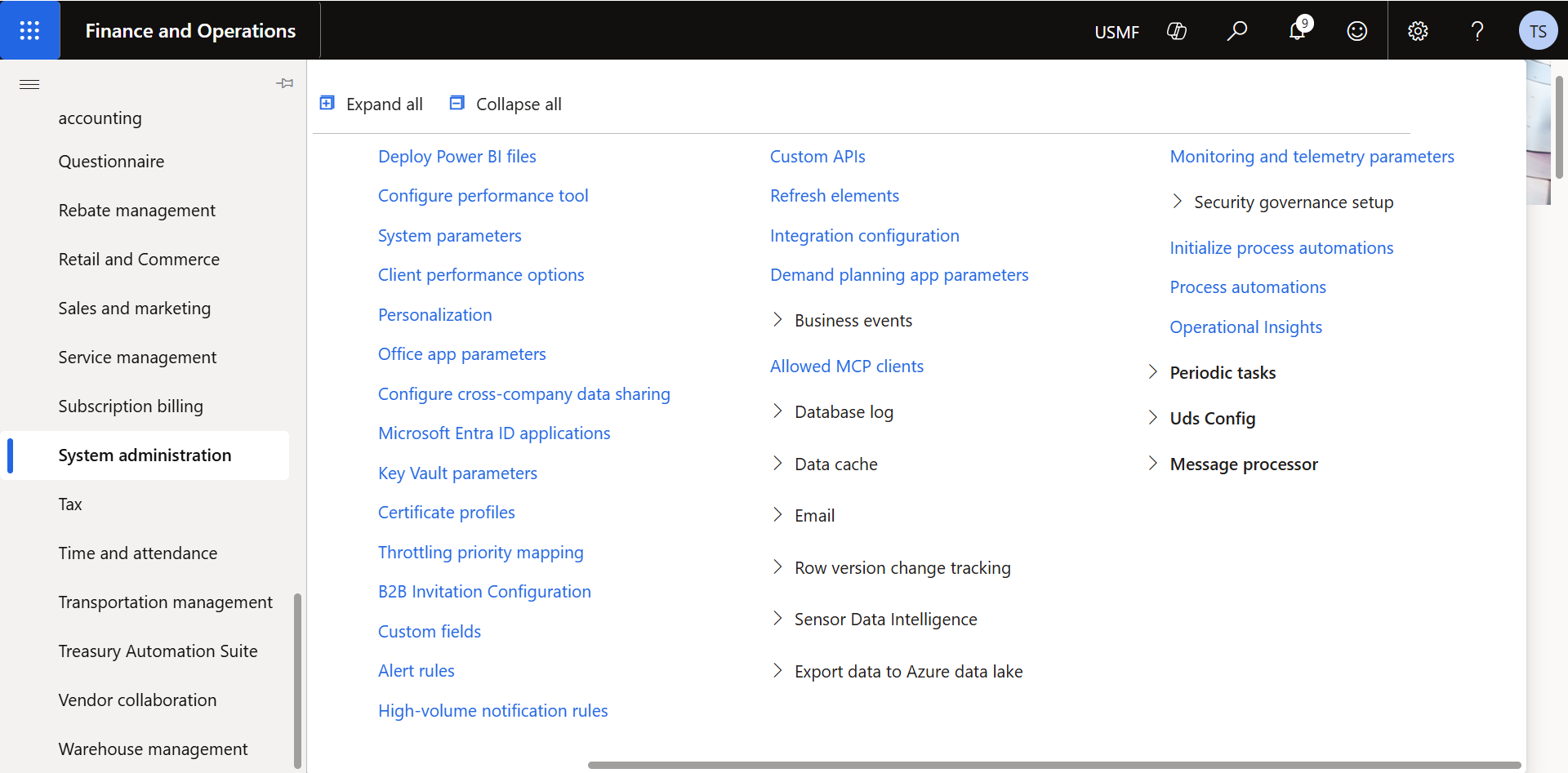 D365 Finance and Operations System administration Setup menu with the Monitoring and telemetry parameters link visible in the right column.