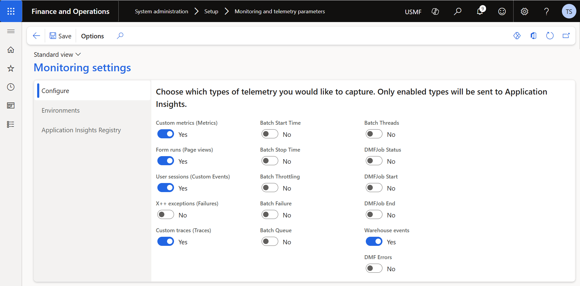 Monitoring settings Configure tab with five toggles switched on: Custom metrics, Form runs, User sessions, Custom traces, and Warehouse events; all other toggles off.