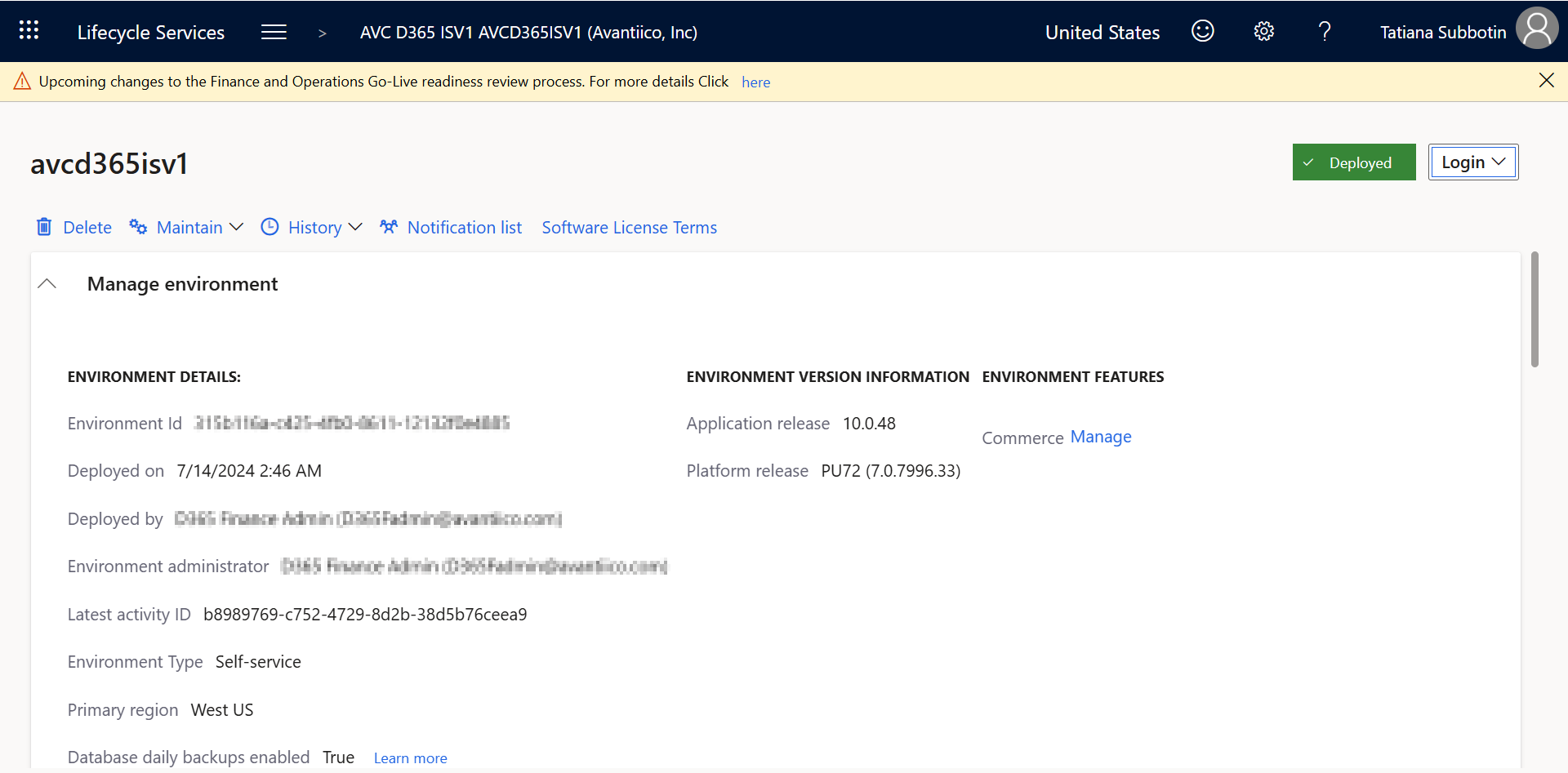 Lifecycle Services environment details page showing the Environment ID field (redacted) alongside deployment and version information.