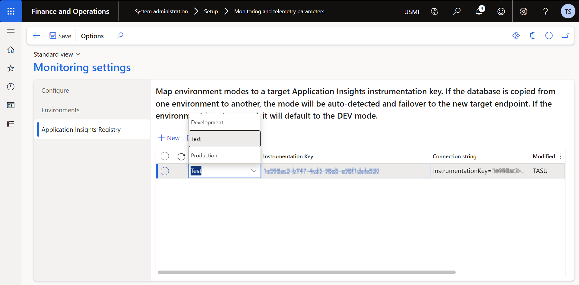 Application Insights Registry tab mapping an environment mode to an instrumentation key and connection string (values redacted).