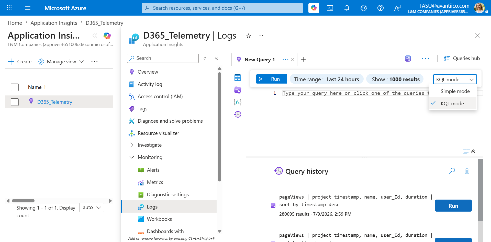 Application Insights Logs query editor with the mode dropdown open, showing Simple mode and KQL mode options, and a query history entry returning 280,095 results.