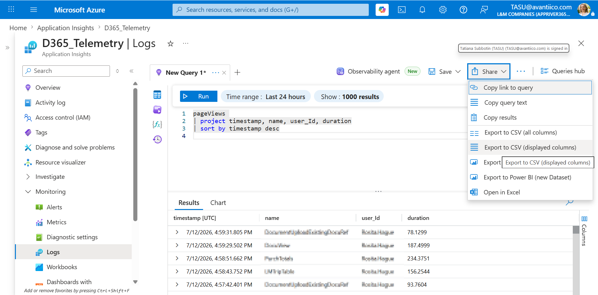 Share menu in the Logs query editor with 'Export to CSV (displayed columns)' highlighted among other export options.