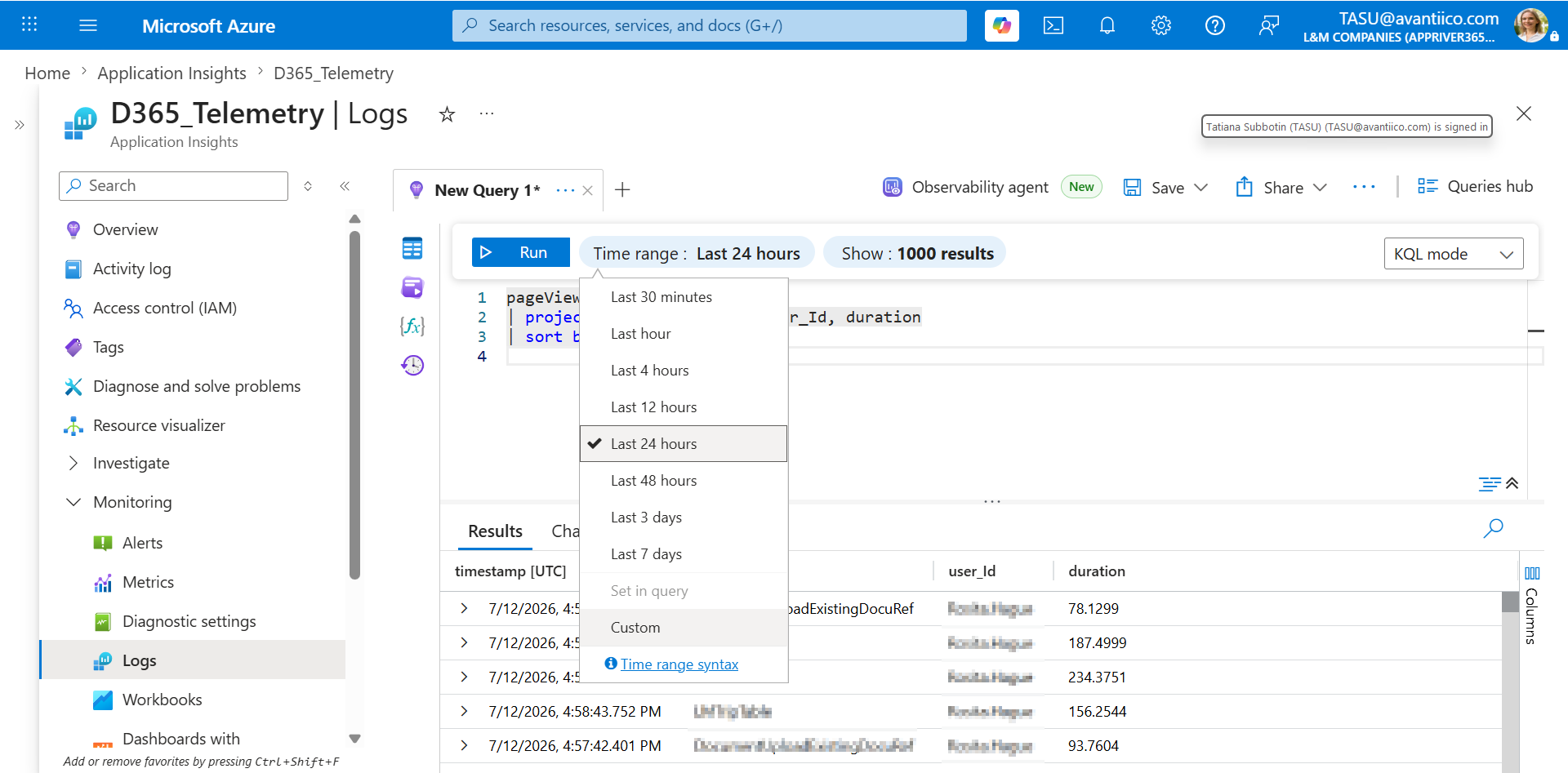 Time range dropdown in the Logs query editor listing preset options from Last 30 minutes to Last 7 days, plus Custom.