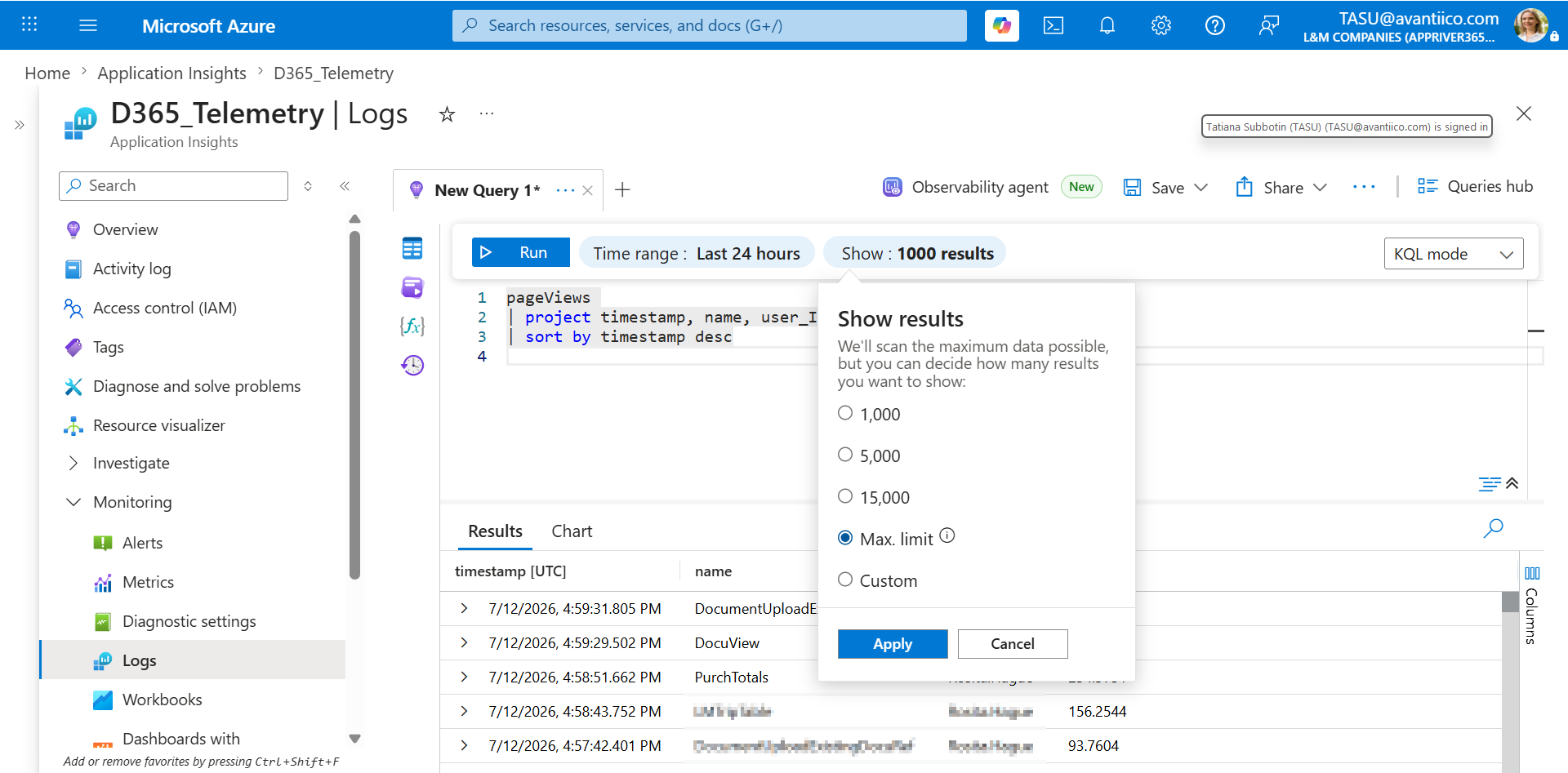 Show results dialog with row-limit options: 1,000, 5,000, 15,000, Max. limit (selected), and Custom.