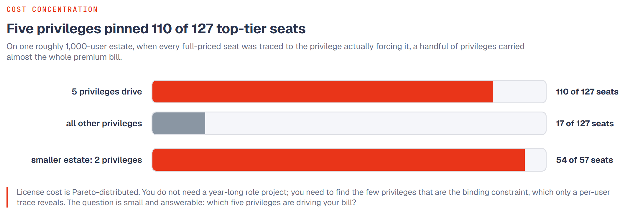 Bar chart: on one estate five privileges drove 110 of 127 top-tier seats and all other privileges only 17; on a smaller estate two privileges drove 54 of 57 seats. License cost is concentrated in a few privileges.